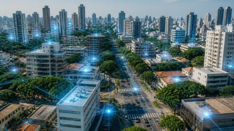 Vista urbana em 3D com sobreposição de dados digitais e sensores integrados