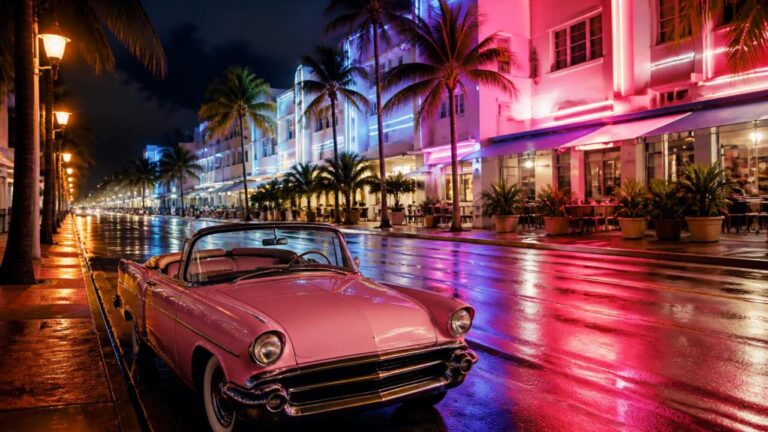 Skyline noturno estilo anos 80 com neon, carro conversível rosa na frente e palmeiras à beira de uma avenida iluminada