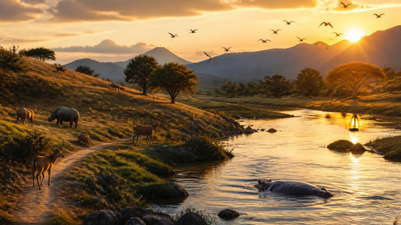 Paisagem de mundo aberto com animais em destaque, sugerindo interação entre fauna e exploração.