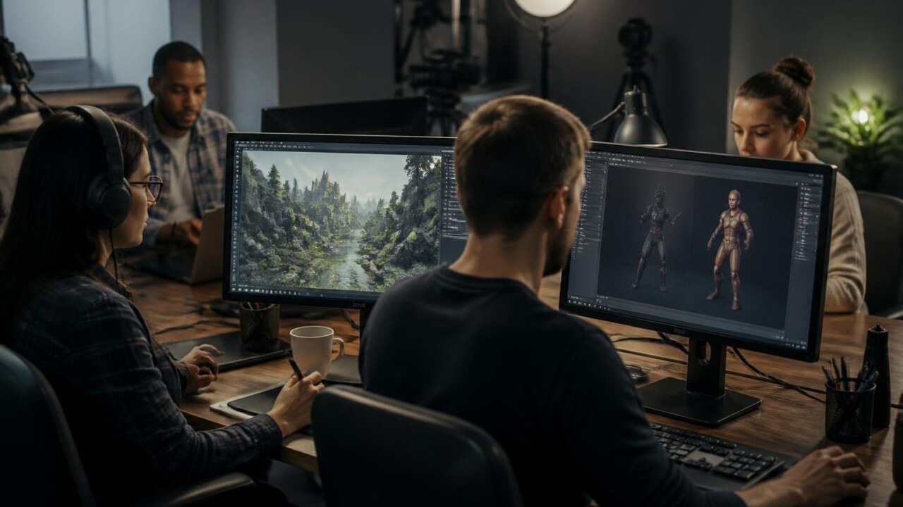 Equipe de desenvolvimento de jogos discutindo mapa de mundo aberto em monitores, em estúdio moderno.