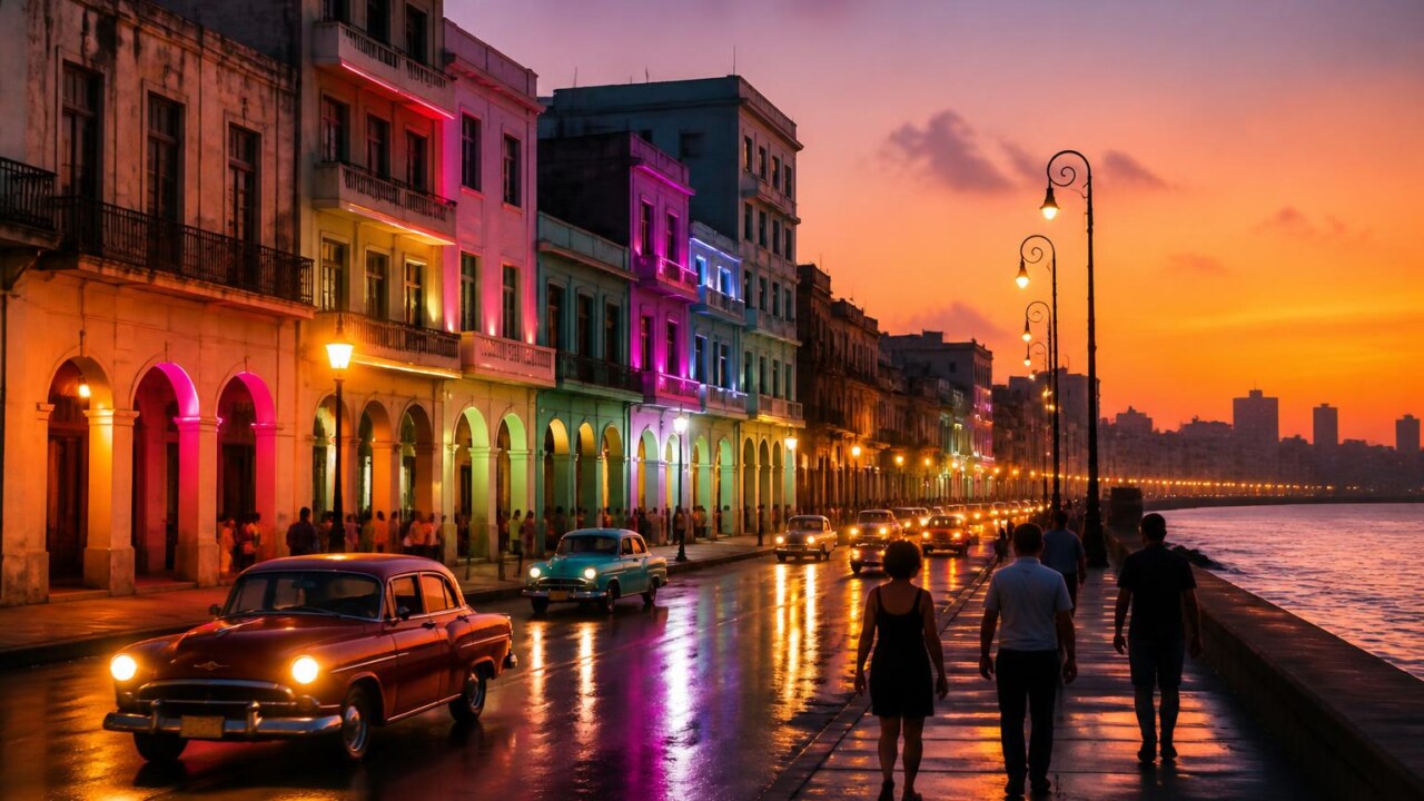 Rua de Vice City ao entardecer com luzes de neon refletidas na água