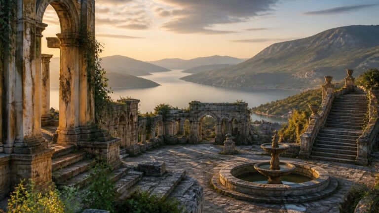 Paisagem com ruínas antigas ao entardecer e montanhas ao fundo, evocando cenários de jogos inspirados em locais reais.