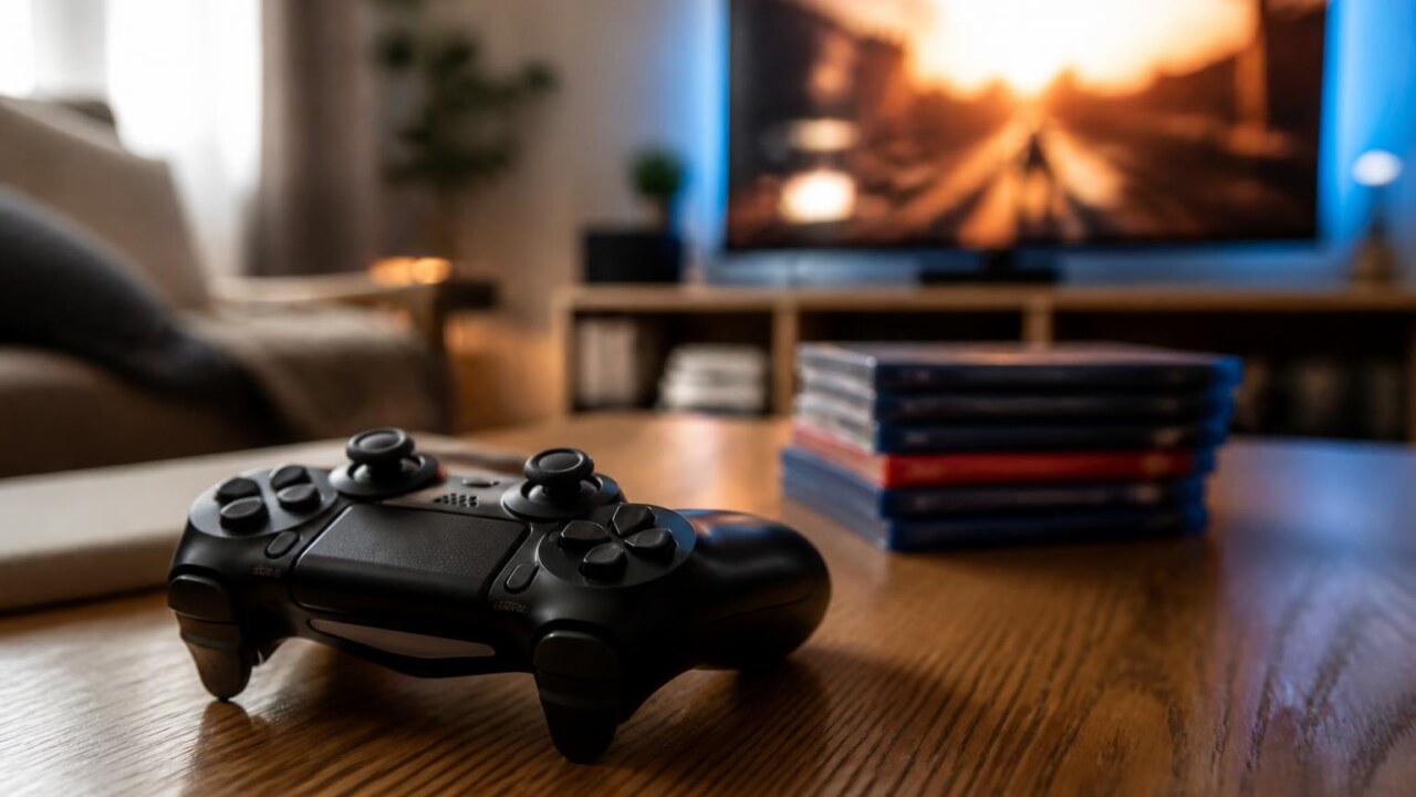 Controle de videogame sobre uma mesa com caixas de jogos empilhadas ao fundo