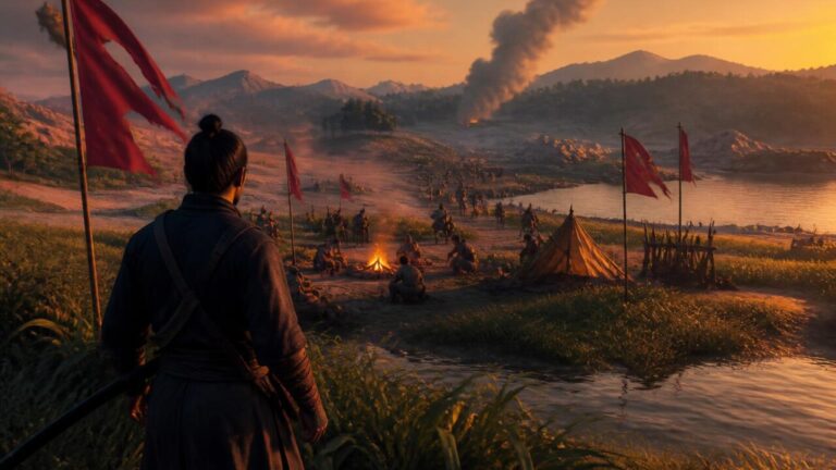 Jogador observando um evento dinâmico no mapa de um jogo aberto, com inimigos e NPCs ao fundo