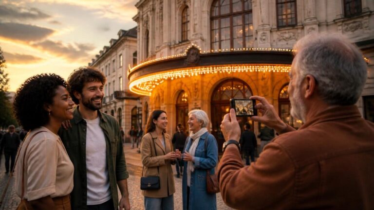 Pessoas reunidas em frente a um teatro antigo, revisitando memórias da cidade.