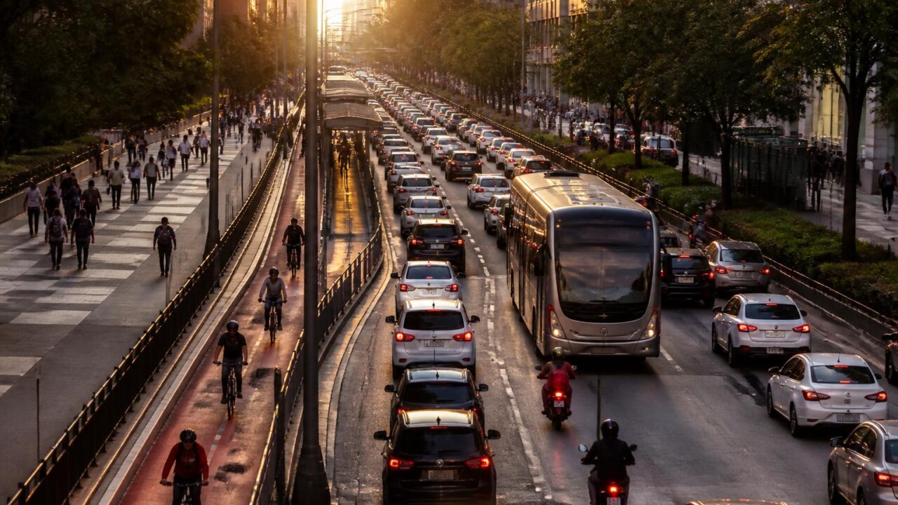 Rua urbana com tráfego misto em horário de pico, incluindo carros, ônibus e ciclistas.