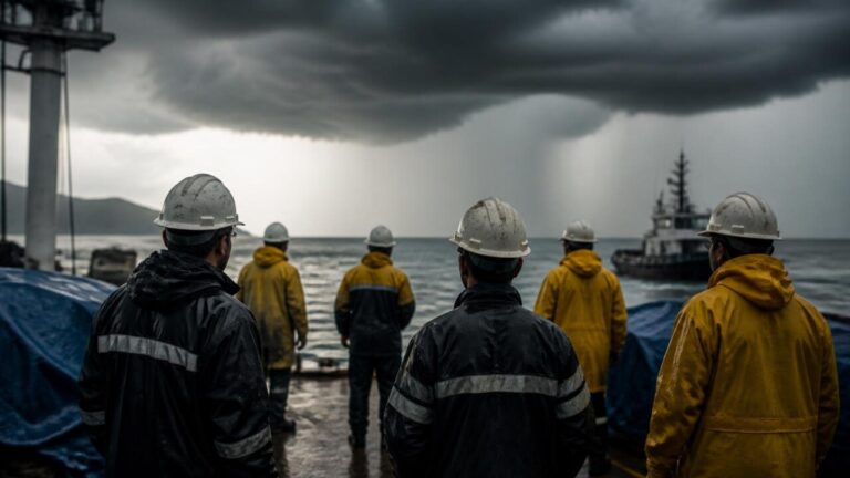 Equipe em operação observando nuvens pesadas e chuva intensa durante uma missão no litoral