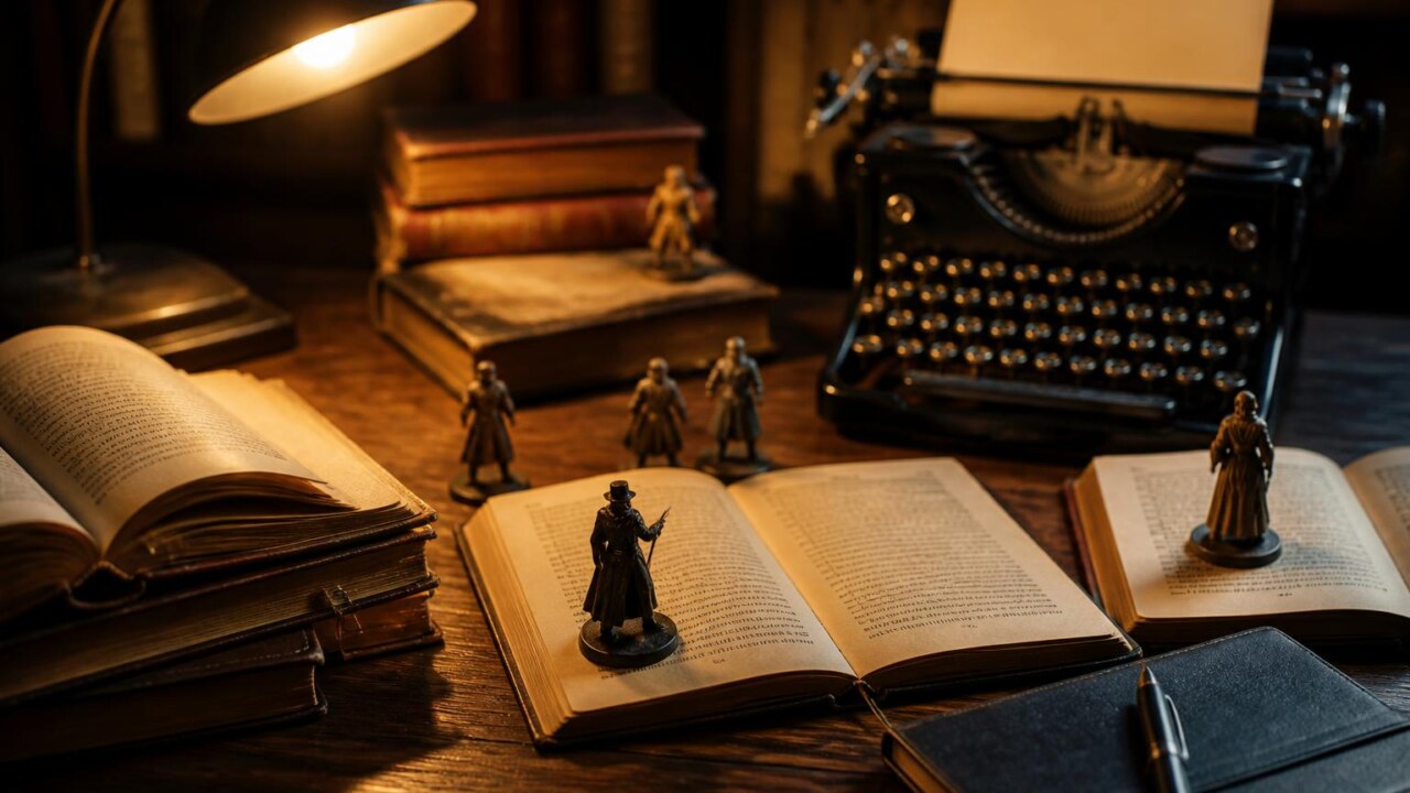 Livros antigos e bonecos clássicos dispostos sobre uma mesa, representando personagens icônicos do passado.