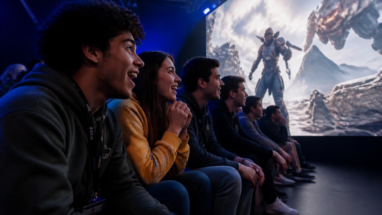Jogadores assistindo trailer de um novo jogo em tela grande, reação animada do público