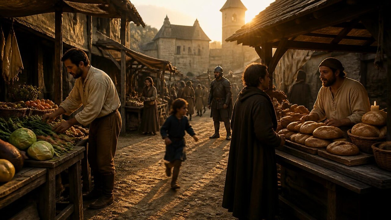 Grupo de personagens não jogáveis interagindo em um mercado medieval criando sensação de vida no cenário